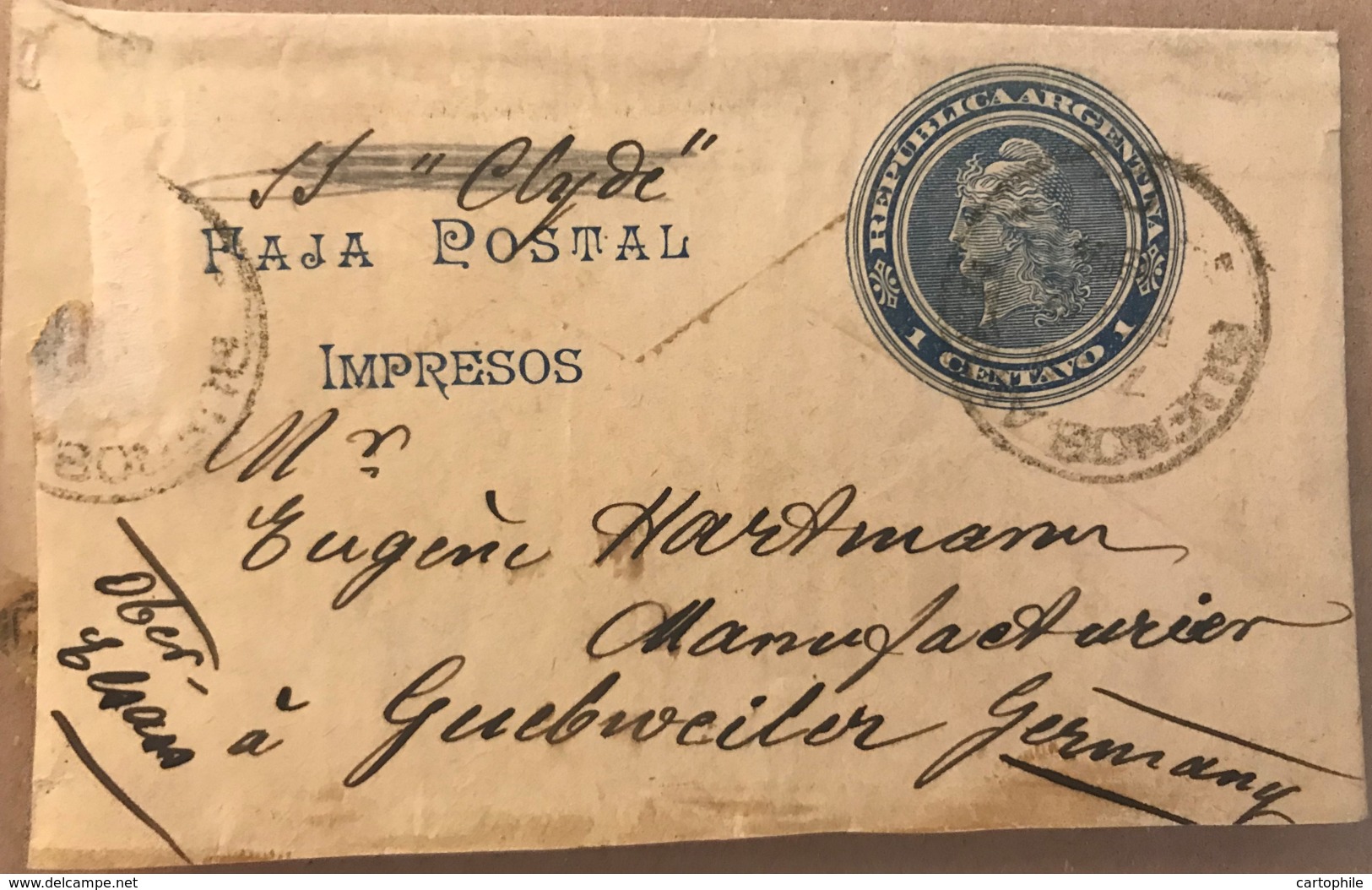 ARGENTINA - Entier Postal 1 Centavo To Germany = France (Guebweiler = Guebwiller) From Buenos Aires - Postal Stationery