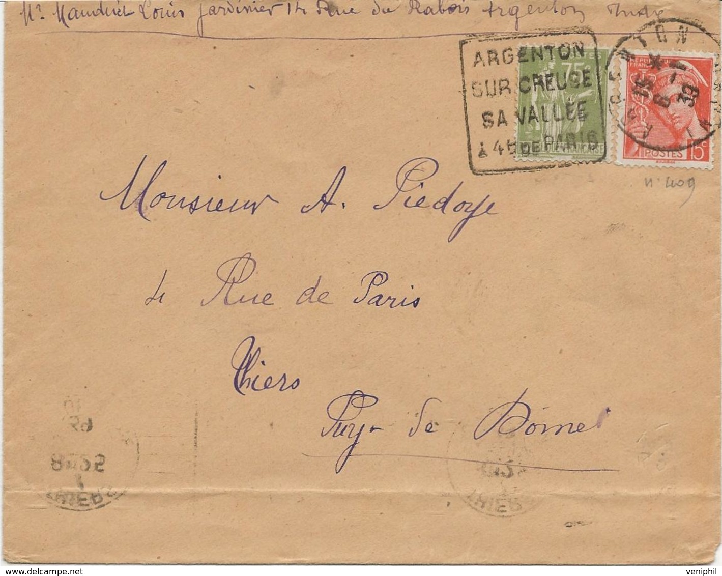 LETTRE OBLITERATION DAGUIN - ARGENTON SUR CREUSE -SA VALLEE A 4 H DE PARIS 1939 - Maschinenstempel (Sonstige)