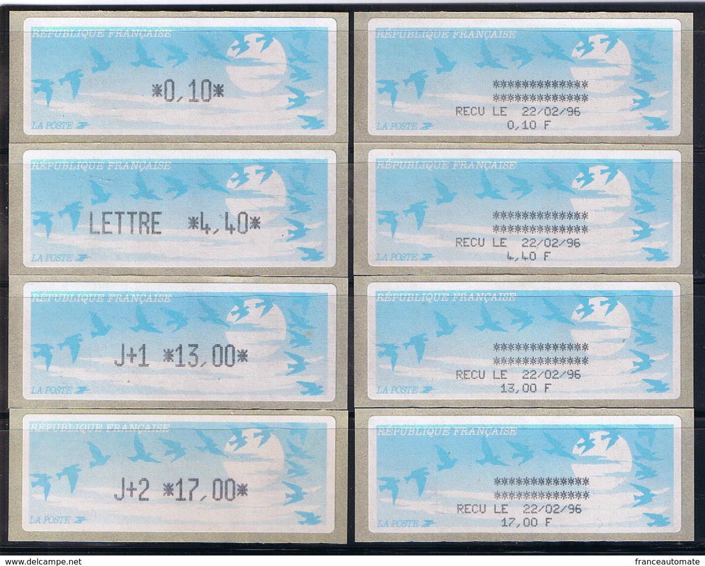 8 ATMs, LISA1, ENCRE NOIRE, 0.10/ LETTRE 4.40/ J+1 13.00/ J+2 17.00 Avec Reçus 9/02/96. PAPIER JUBERT BLEU Turqoise. - 1990 Type « Oiseaux De Jubert »