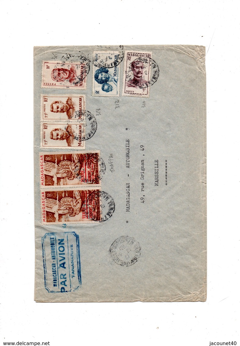 Tananarive Madagascar Lettre Pour Marseille Timbre 100 Fr Et Autre PA Taaf  Surcharge Terre Adélie  Lettre 10/3/1951 - ...-1955 Voorfilatelie