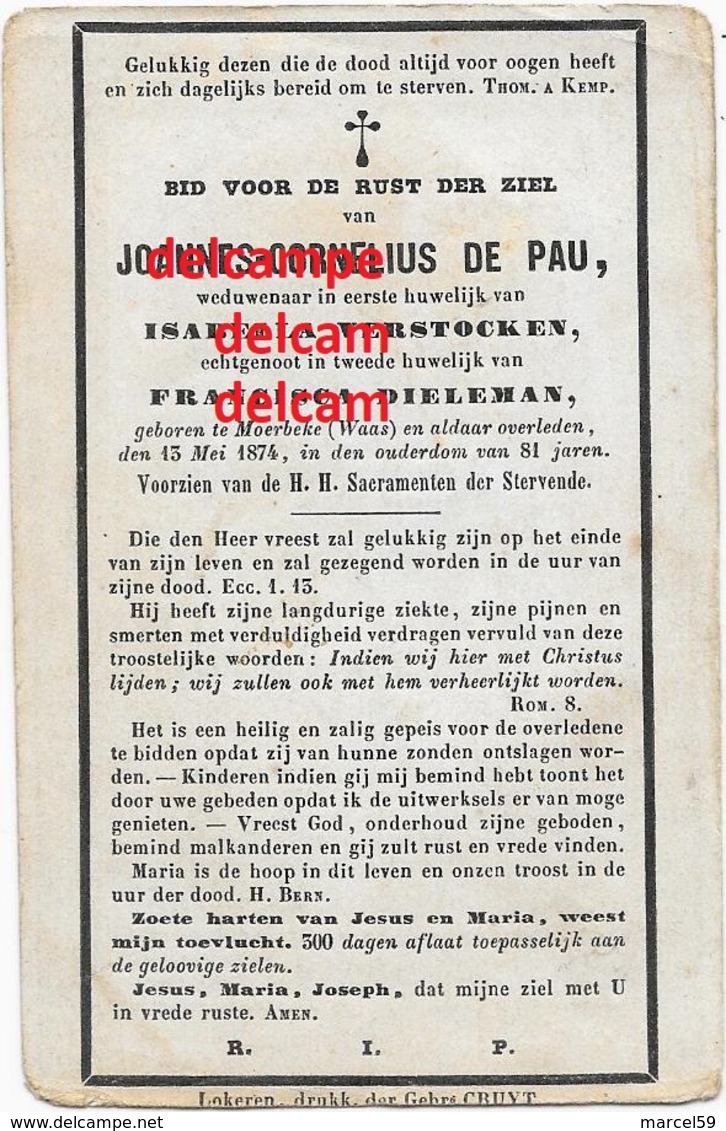 Doodsprentje Joannes De Pau Moerbeke Waas 1793 En Aldaar Overleden 1874 Verstocken En Dieleman  Bidprentje Lokeren - Andachtsbilder