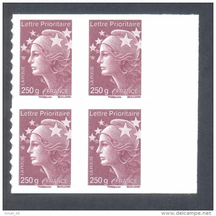 Marianne De Beaujard  -  V P "250 Gr France" Marron Foncé - Autocollant  -  Bloc De 4 Timbres Avec Bord De Feuille - Altri & Non Classificati