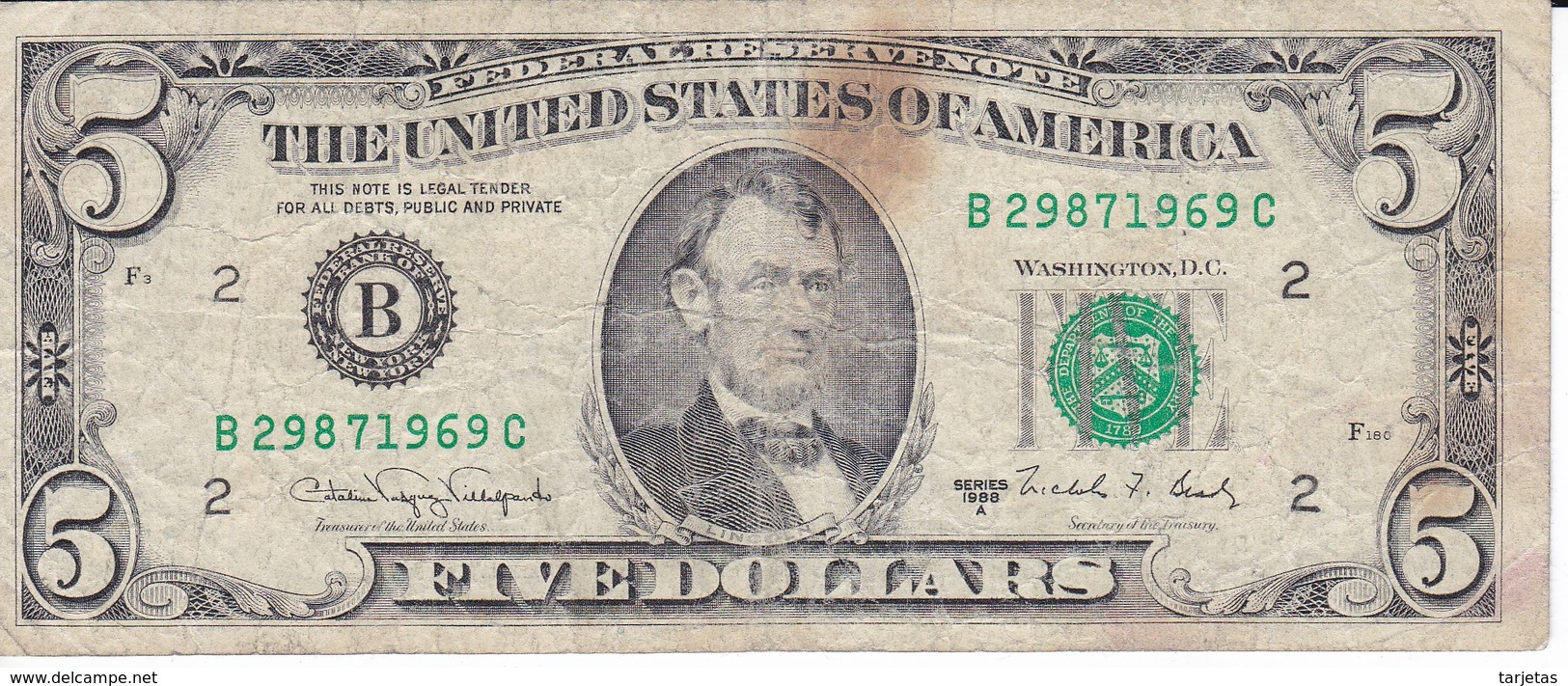 BILLETE DE ESTADOS UNIDOS DE 5 DOLLARS DEL AÑO 1988 A LETRA B NEW YORK (BANK NOTE) - Federal Reserve (1928-...)