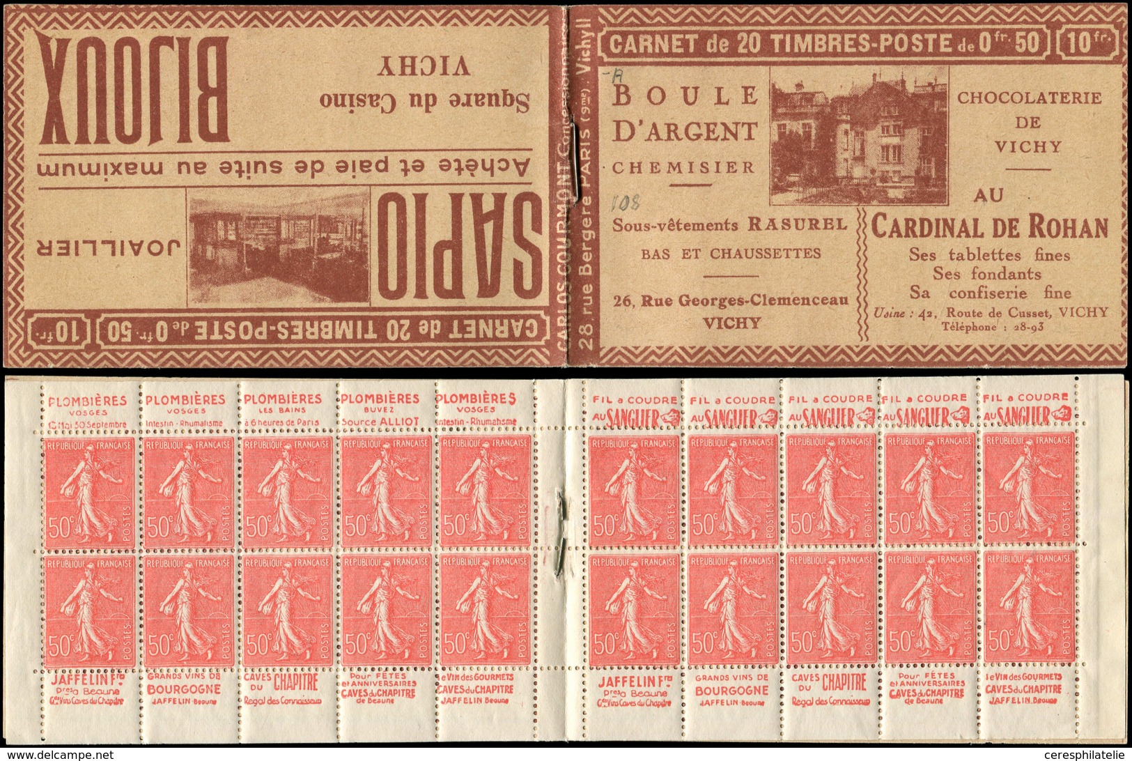 199-C39   Semeuse Lignée, 50c. Rouge, N°199e, T IIB, S. Vichy II, Couv. CHEMISIER/SAPIO, Superbe - Autres & Non Classés