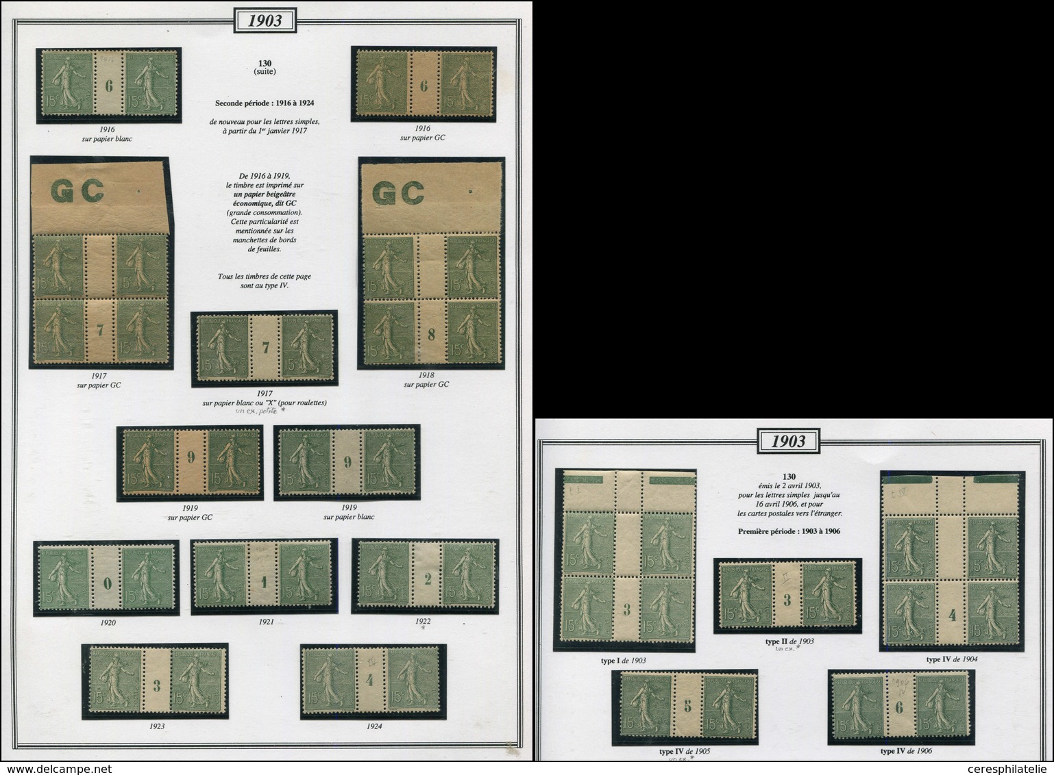 130   Semeuse Lignée, 15c. Vert-olive, Collection De Mill. S. FA, **/*, PAIRES Ou BLOCS De 4, 17 Pièces En Tout, TB - Used Stamps