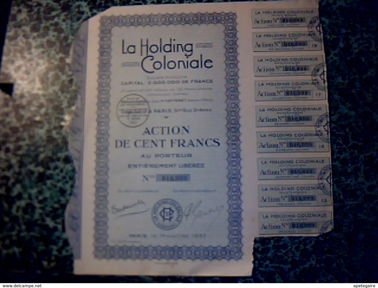 Action Obligation Année 1937  "la Holding Coloniale" Acttion De 100 Francs Au Porteur - G - I