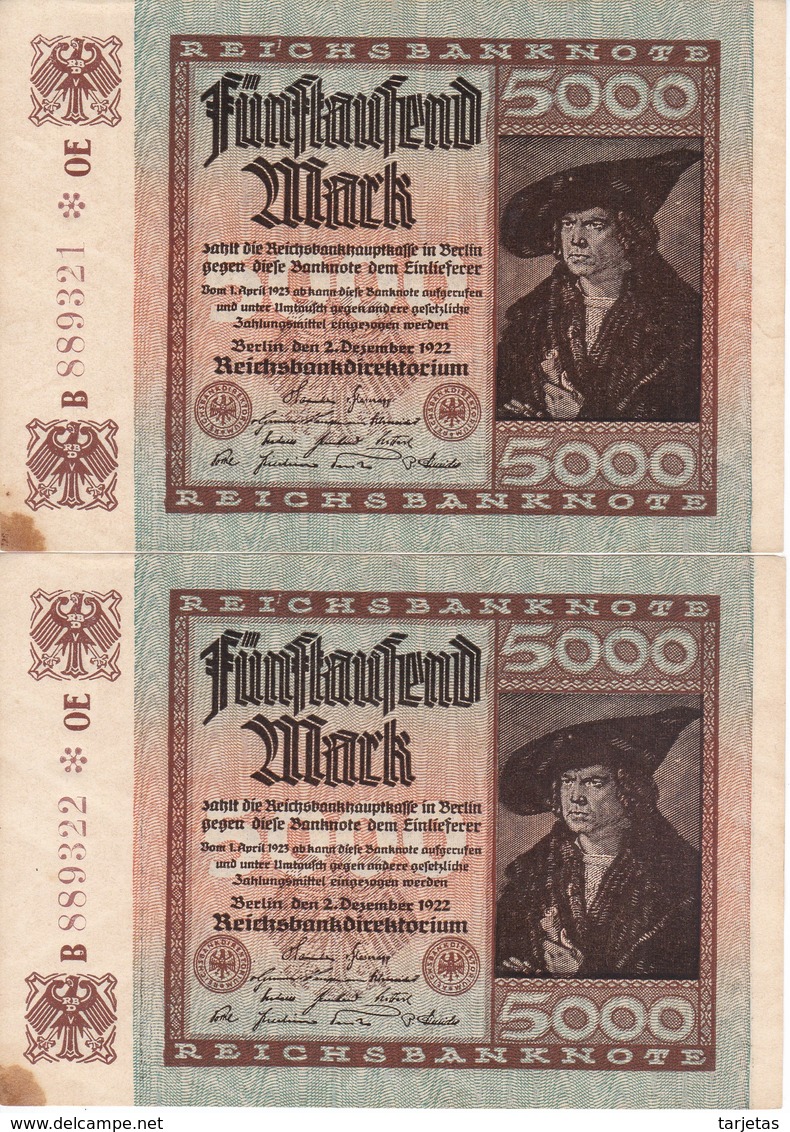 PAREJA CORRELATIVA DE ALEMANIA DE 5000 MARK DEL AÑO 1922 SIN CIRCULAR (BANKNOTE) - 5000 Mark