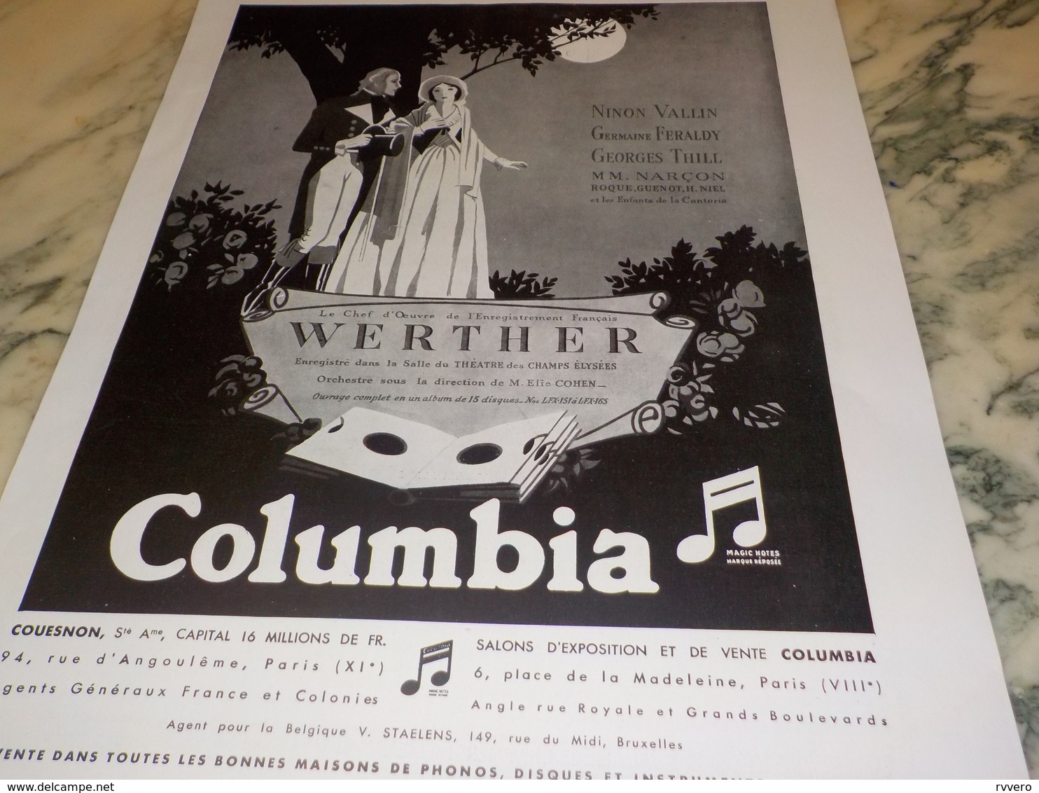 ANCIENNE PUBLICITE WERTHER COLUMBIA DISQUE  1931 - Otros & Sin Clasificación