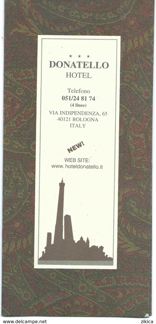 TOURIST BROCHURES 10 Cm X 22 Cm. Donatello Hotel Bologna,Italy,italia ,map - 30 Cm / 22 Cm - Tourism Brochures