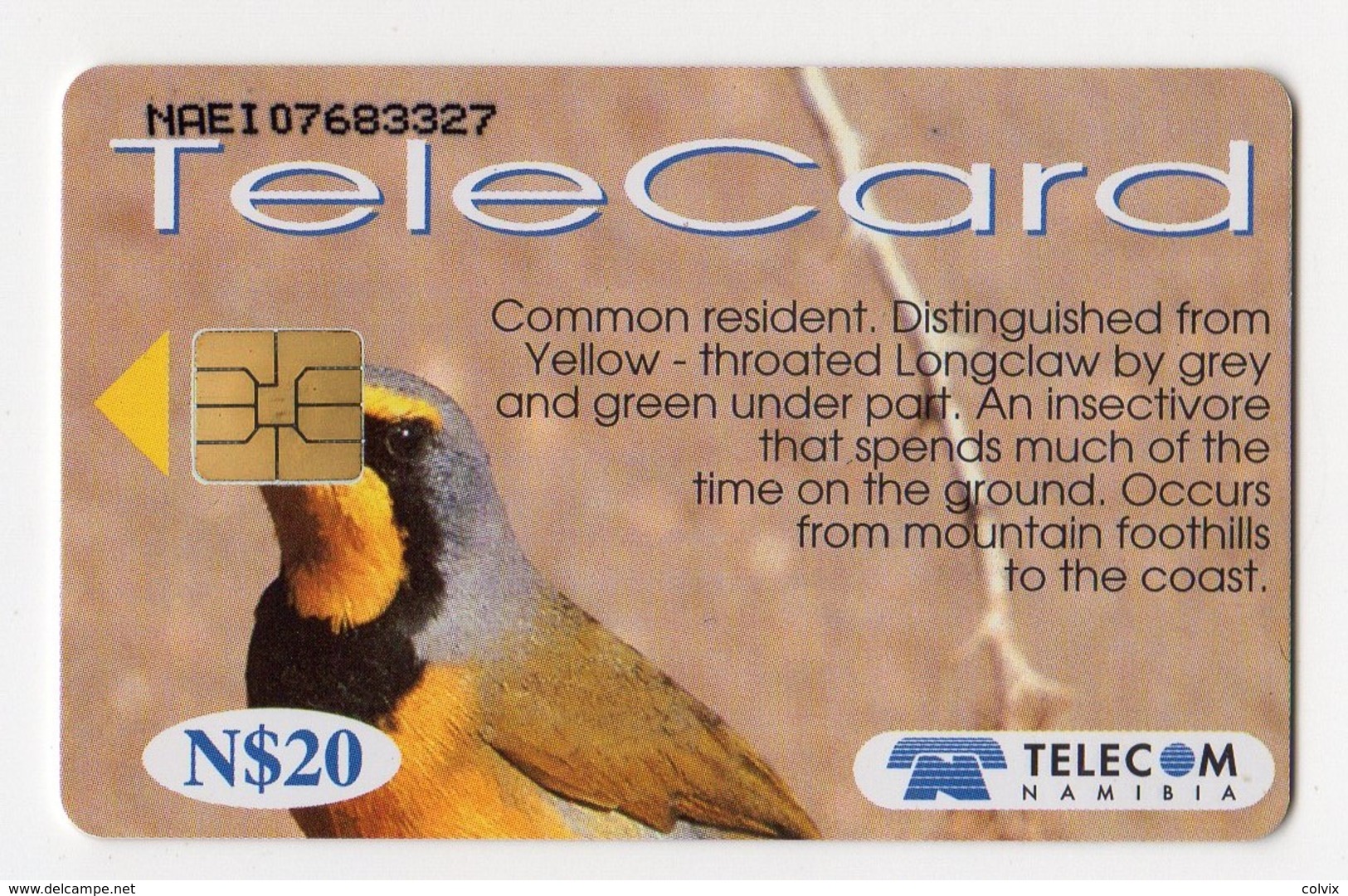 NAMIBIE REF MV CARDS NMB-89 N$20 OISEAU BOKMAKIERIE DATE 1999 - Namibia