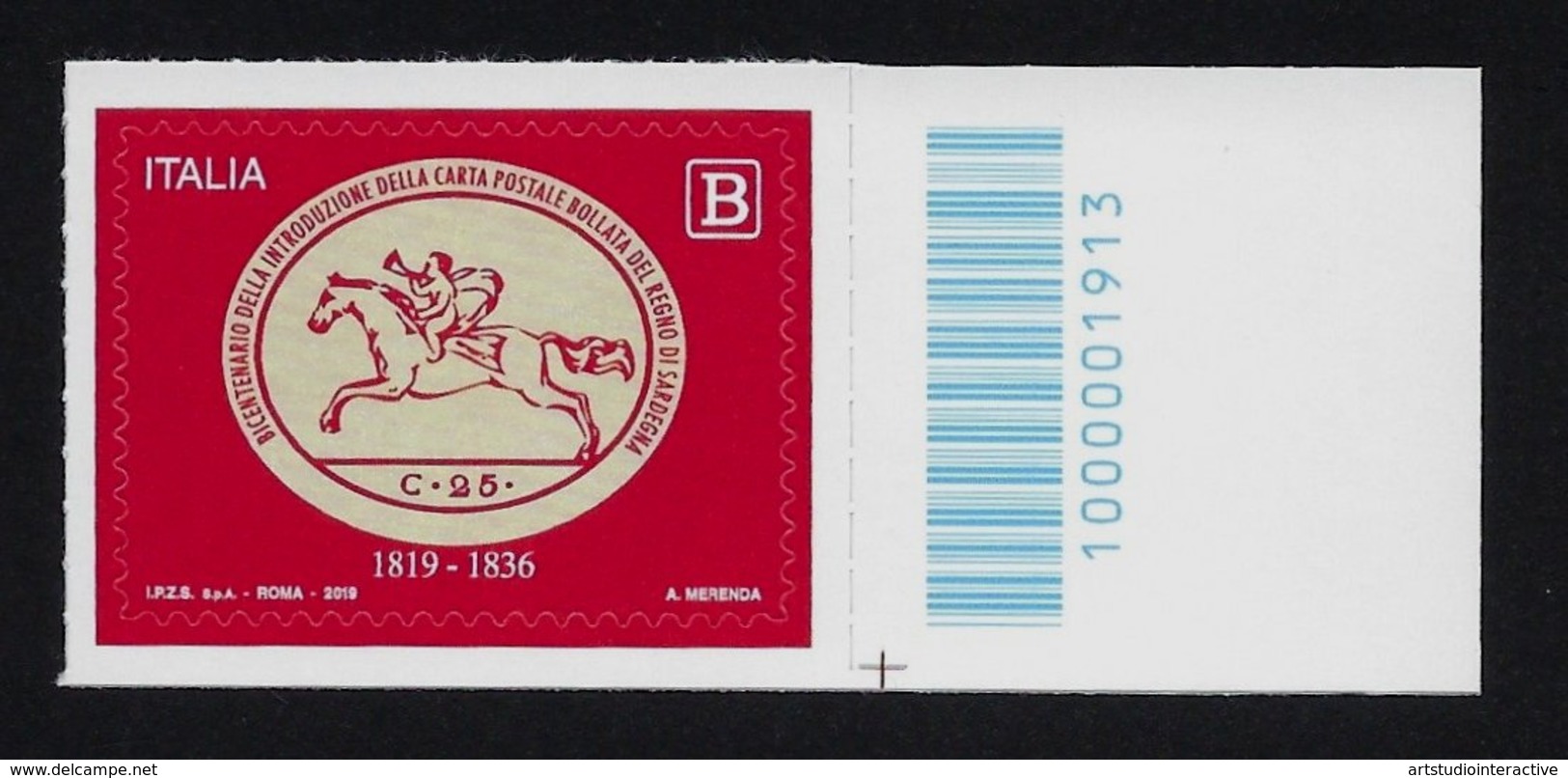 2019 ITALIA "BICENTENARIO CARTA POSTALE BOLLATA REGNO SARDEGNA " CODICE A BARRE INFERIORE DESTRO MNH - Barcodes