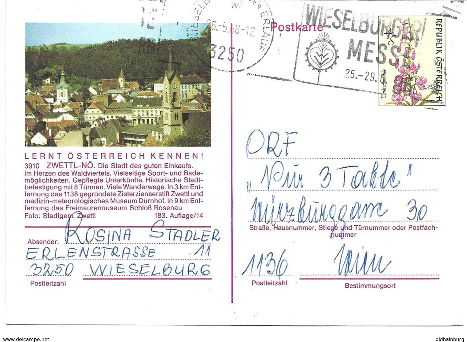 1700h: Bildpostkarte Motiv 3910 Zwettl, Gelaufen 1986 - Zwettl