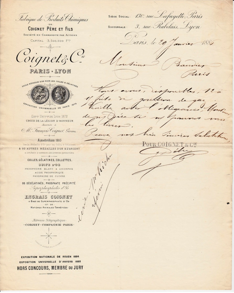 FRANCE - 1886 - Courrier - COIGNET & Cie - Produits Chimiques - Droguerie & Parfumerie