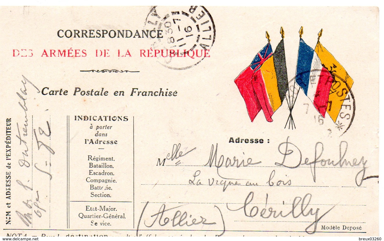 CP Correspondance Des Armées De La République  -    4 Drapeaux - - 1. Weltkrieg 1914-1918