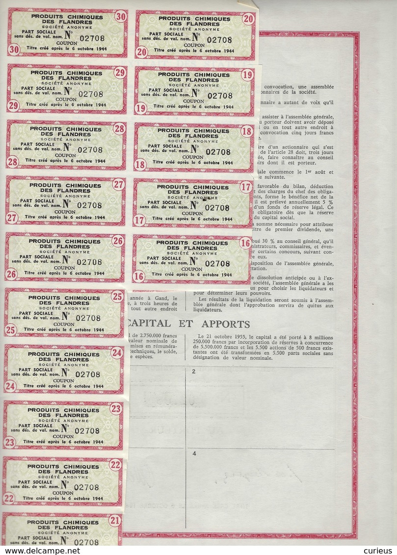 PRODUITS CHIMIQUES DES FLANDRES * GAND * GENT * 1955 * PART SOCIALE DESIGNATION VALEUR NOMINALE * - Industrie