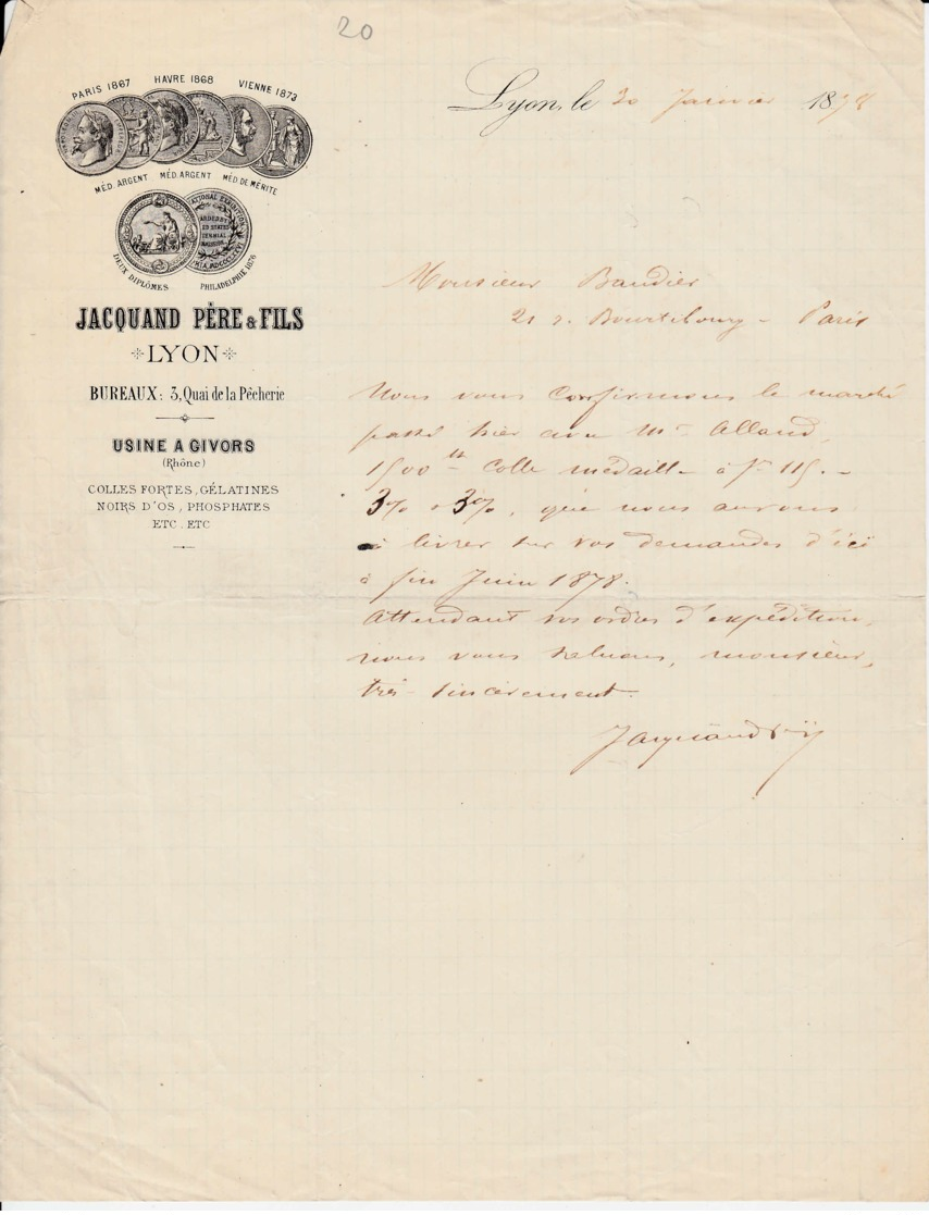 FRANCE - 1878 - Courrier - Colles Fortes, Gélatines, Noirs D'os... - Usine à Givors - Chemist's (drugstore) & Perfumery