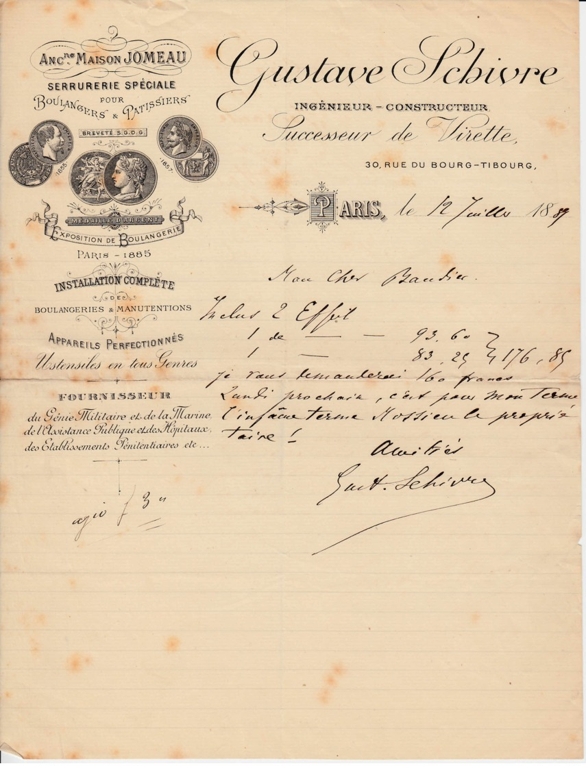 FRANCE - 1889 - Courrier -Produits Chimiques - Serrurerie Spéciale Pour Boulangers & Pârtissiers - SCHIVRE - Profumeria & Drogheria