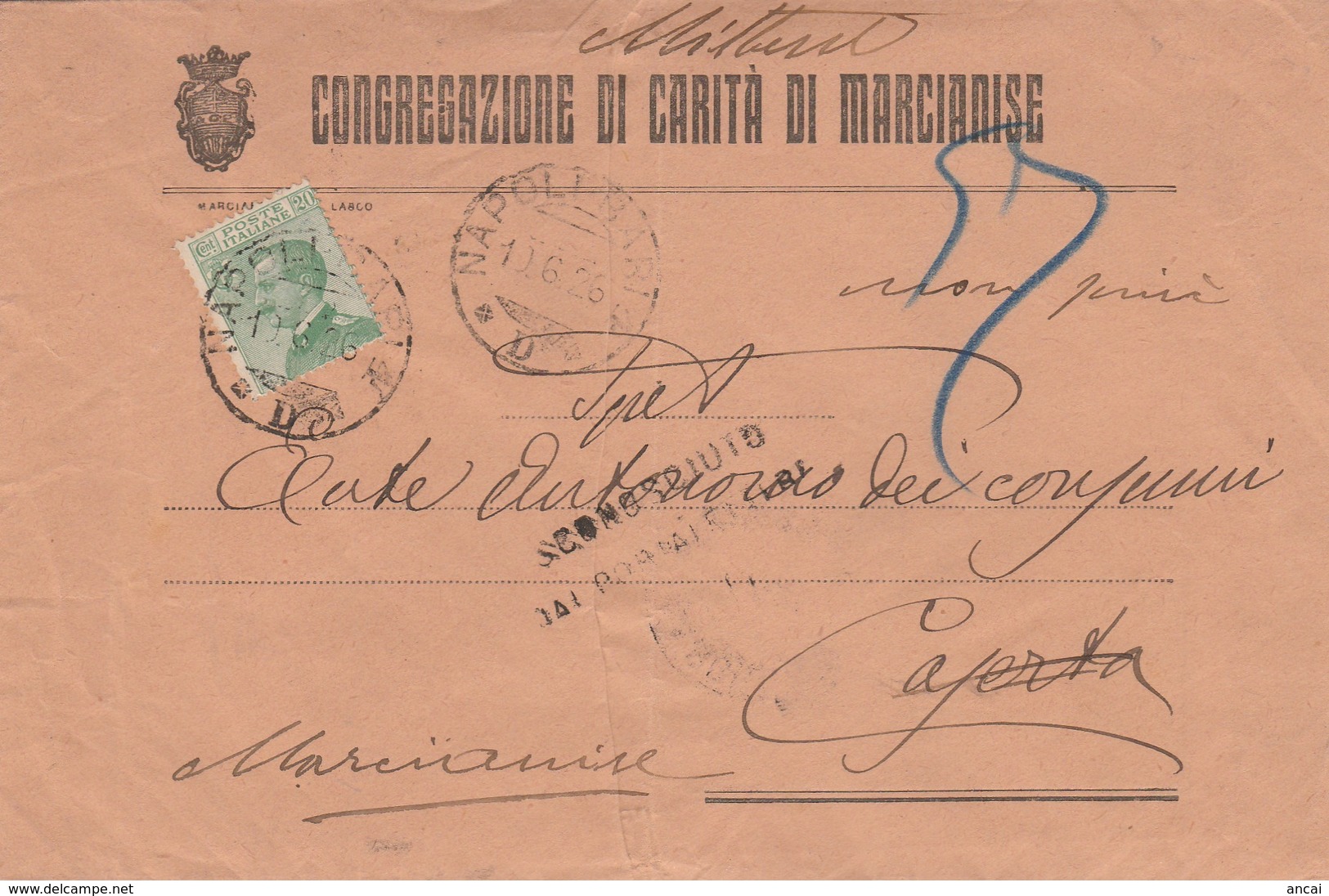 1926. Annullo Ambulante NAPOLI - BARI * D *, Su Lettera Intestata CONGREGAZIONE DI CARITA' DI MARCIANISE - Marcophilia