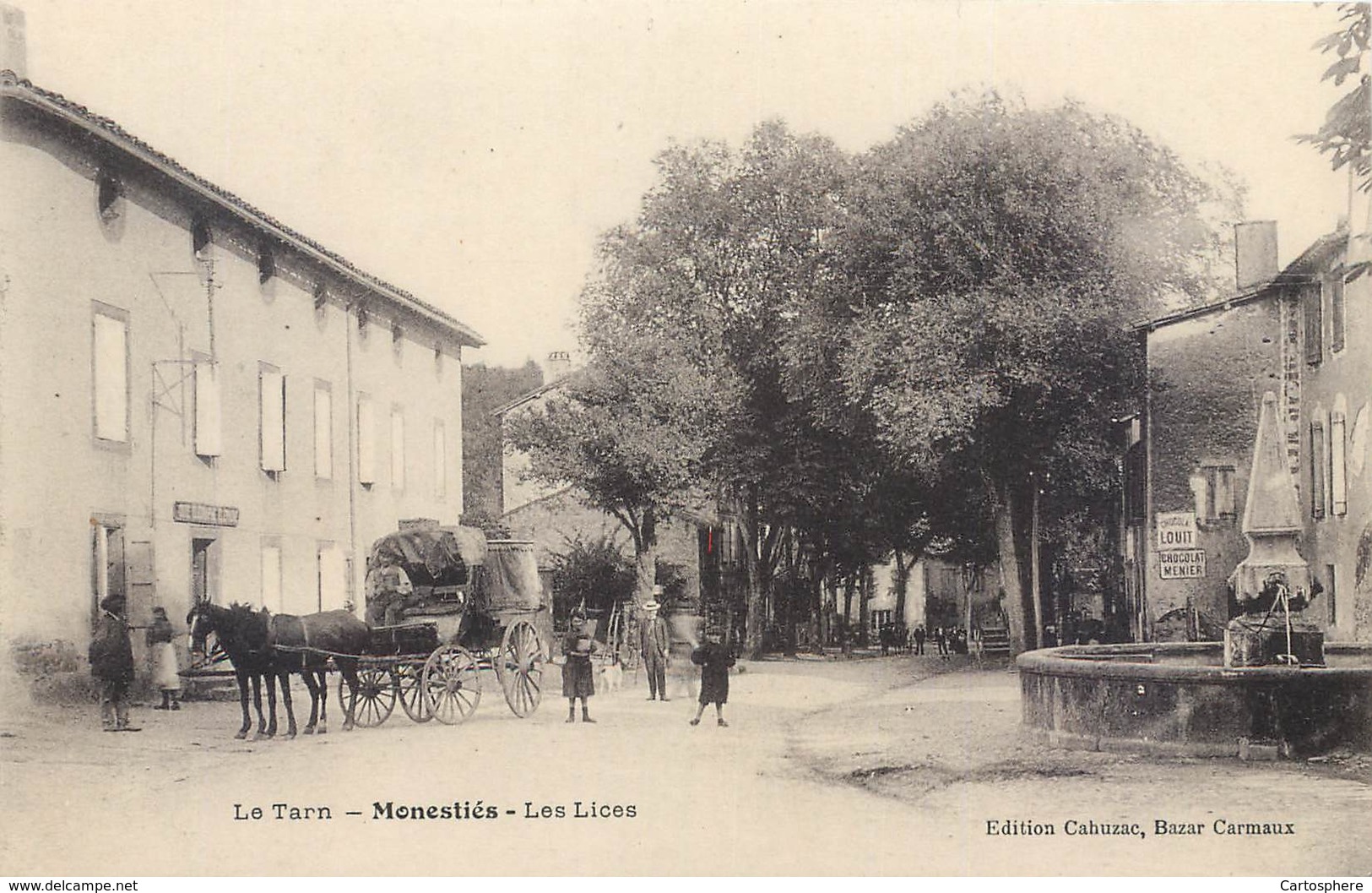 CPA 81 Tarn Monesties Les Lices - Attelage Caleche Diligence De La Poste Chocolat Louit Menier - Monesties