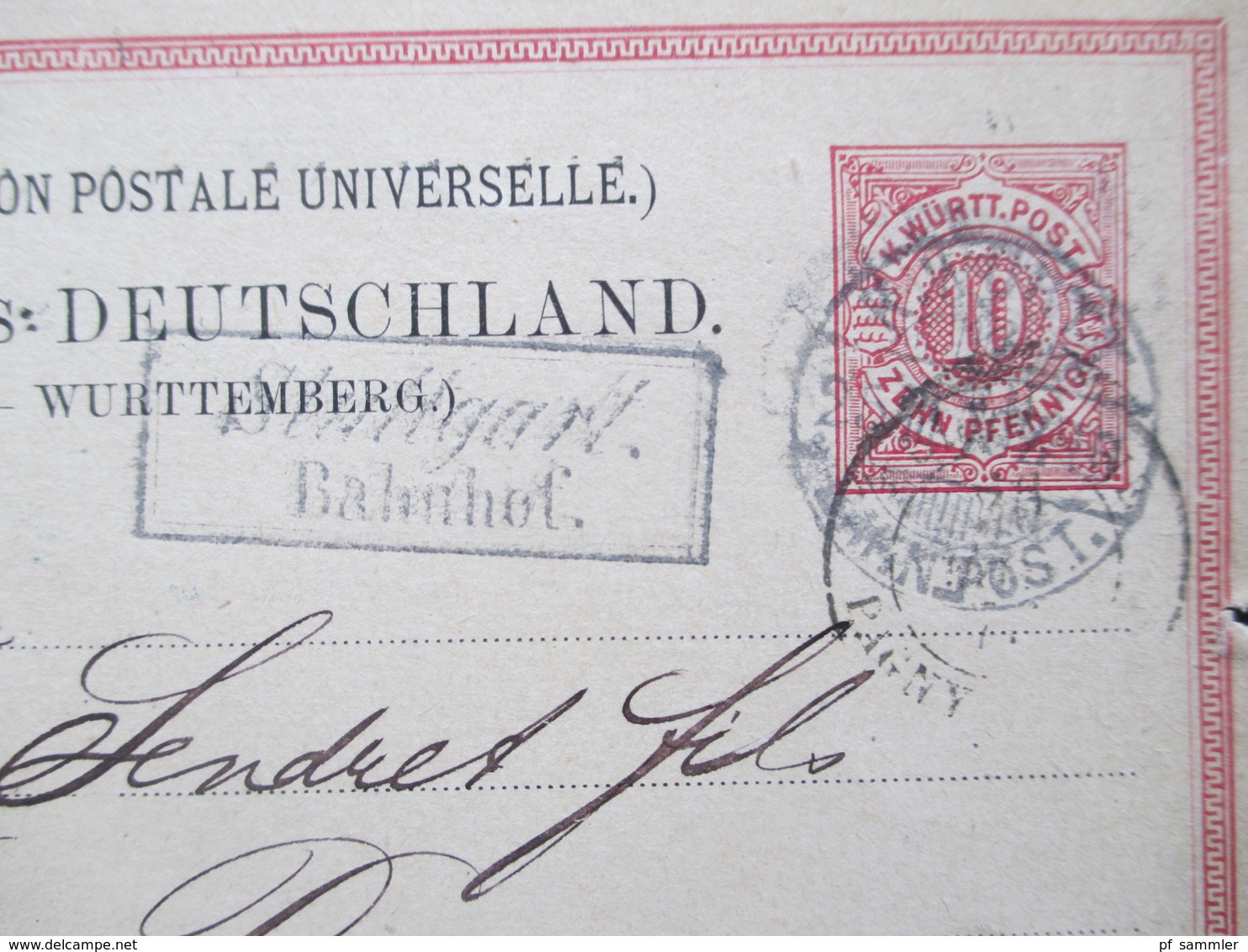 AD Württemberg 1879 Ganzsache Mit Bahnpost Stempel Und Ra2 Stuttgart Bahnhof Nach Pagny Sur Moselle Frankreich - Postwaardestukken