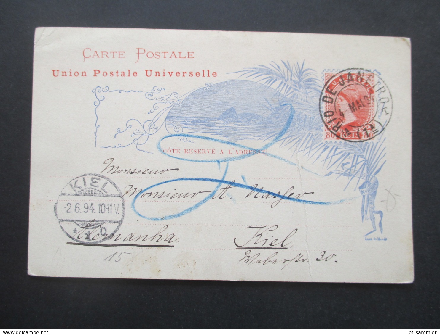 Brasilien 1894 Ganzsache Union Postale Universelle Rio De Janeiro Nach Kiel Mit Ank. Stempel Und Blaustift - Cartas & Documentos