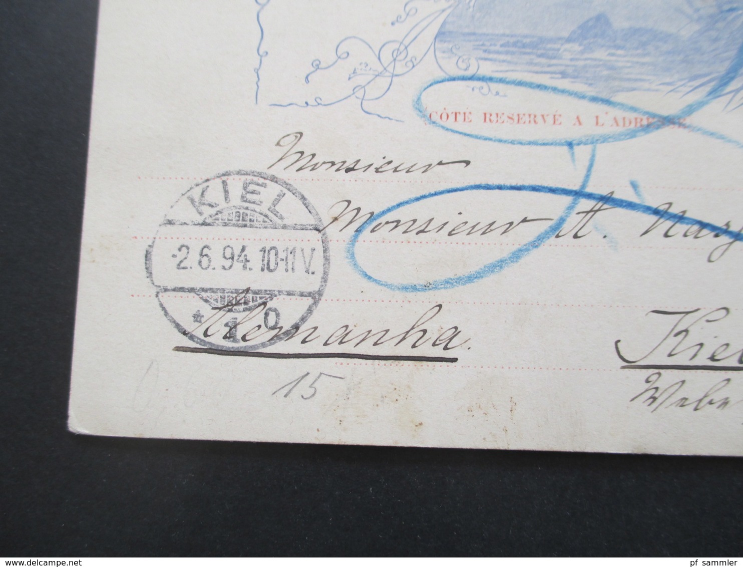 Brasilien 1894 Ganzsache Union Postale Universelle Rio De Janeiro Nach Kiel Mit Ank. Stempel Und Blaustift - Storia Postale