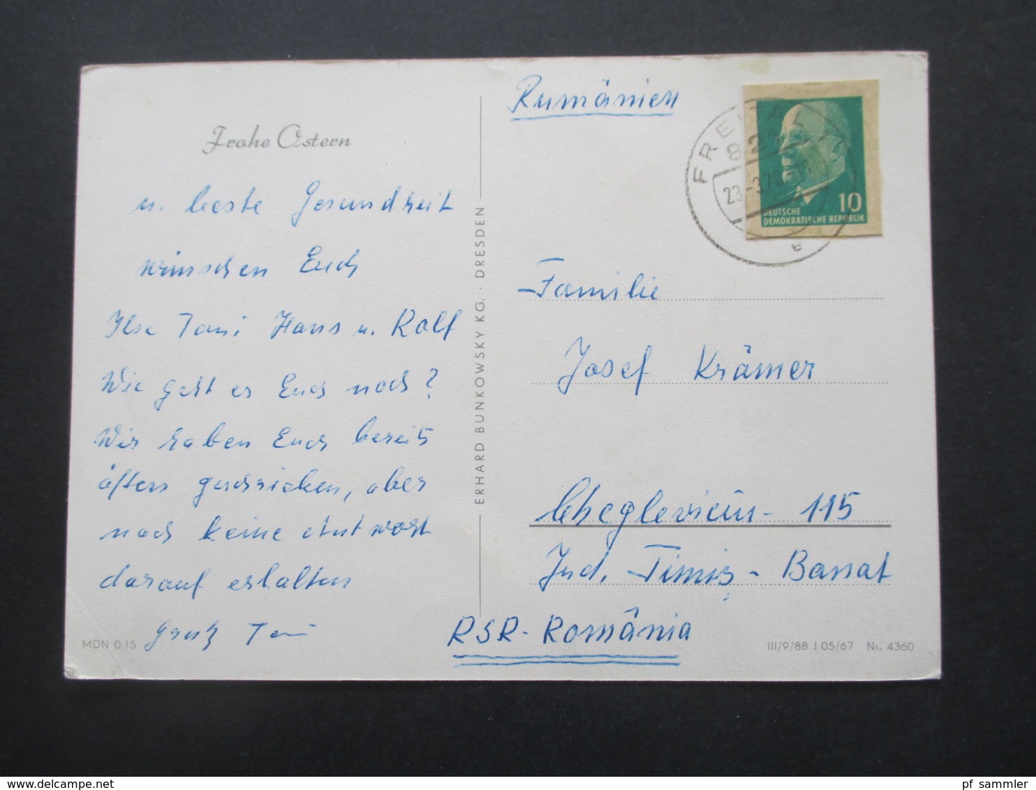 DDR 1970 Künstlerkarte Frohe Ostern Mit Ganzsachenausschnitt Ulbricht Nach Rumänien Gesendet - Covers & Documents