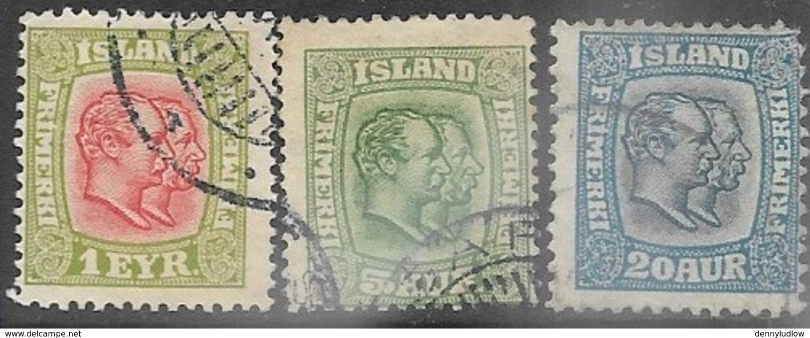 Iceland  1915  Sc#99, 102, 107  1e/5a/20a  Used  2016 Scott Value $47.50 - Oblitérés