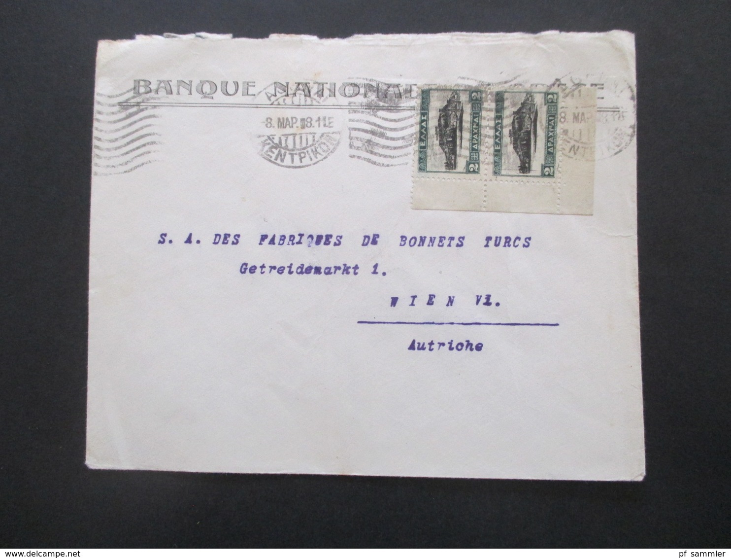 Griechenland 1928 Michel Nr. 312 Eckrandstück MeF Nach Wien An Des Fabriques De Bonnets Turcs Getreidemarkt 1 - Brieven En Documenten