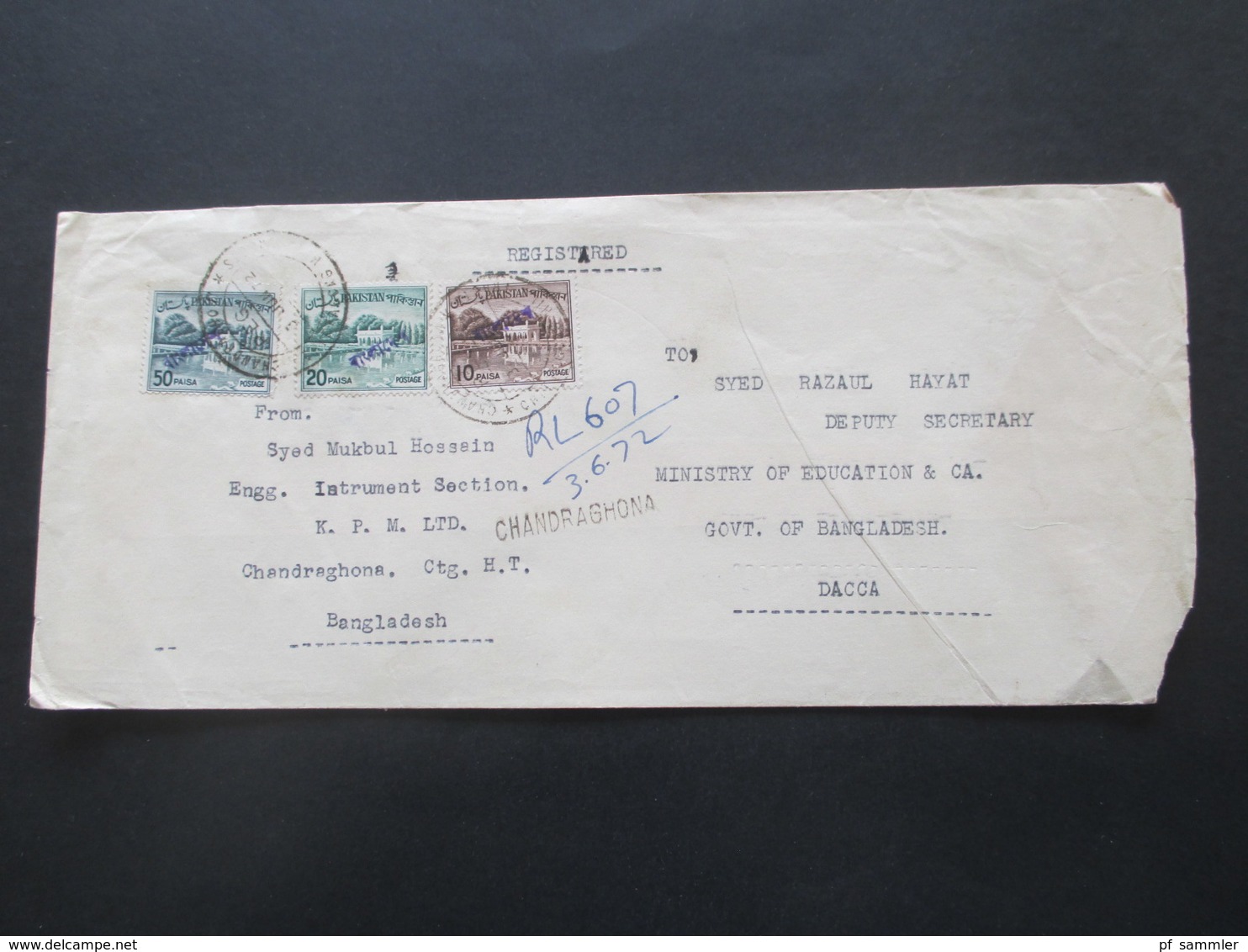 Afghanistan Registered Letter Nach Dacca Marken Mit Violettem Aufdruck Und Stempel L1 Chandraghona 1972 - Afghanistan