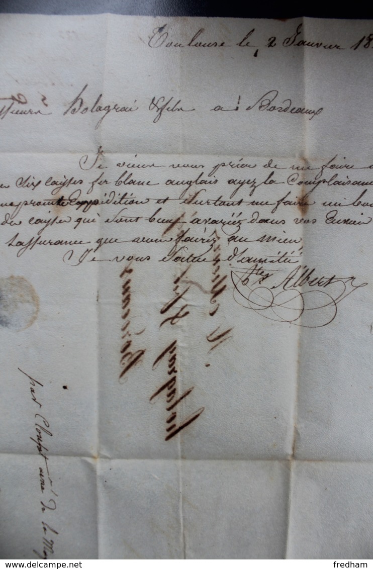 1823 LAC MARQUE LINEAIRE 30 TOULOUSE ¨POUR BORDEAUX  2 JANVIER 1823 TAXE MANUSCRITE 4 DECIMES - 1801-1848: Précurseurs XIX