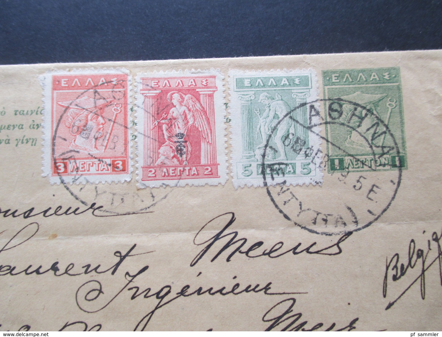 Griechenland Um 1911 Streifband S4 Mit 3 Zusatzfrankaturen Hermes Und Iris Nach Belgien Anvers Gesendet - Storia Postale