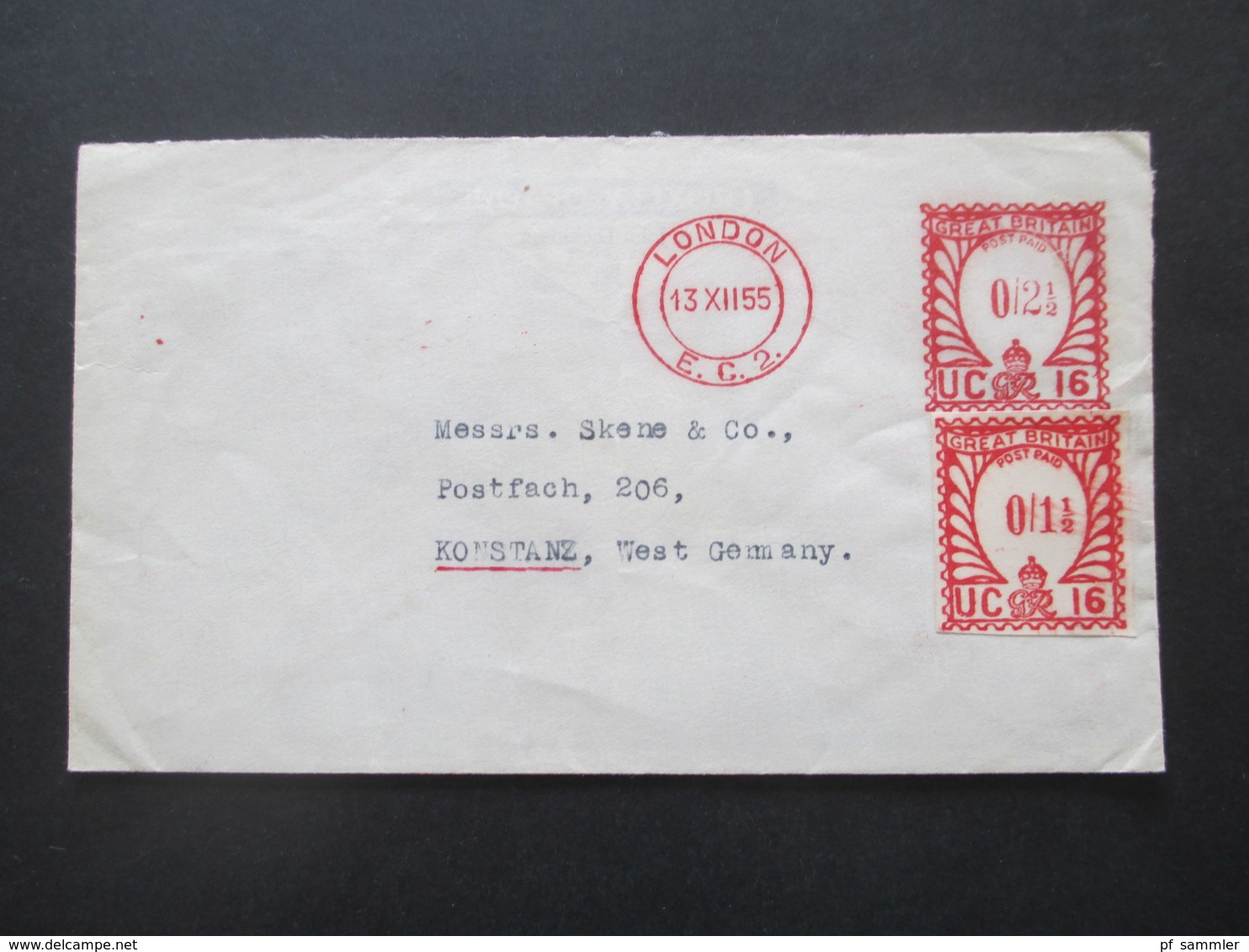 GB England 1955 Roter Freistempel / London Post Paid UC 16 Und Ausschnitt Aufgeklebt!! Nach Konstanz - Cartas & Documentos