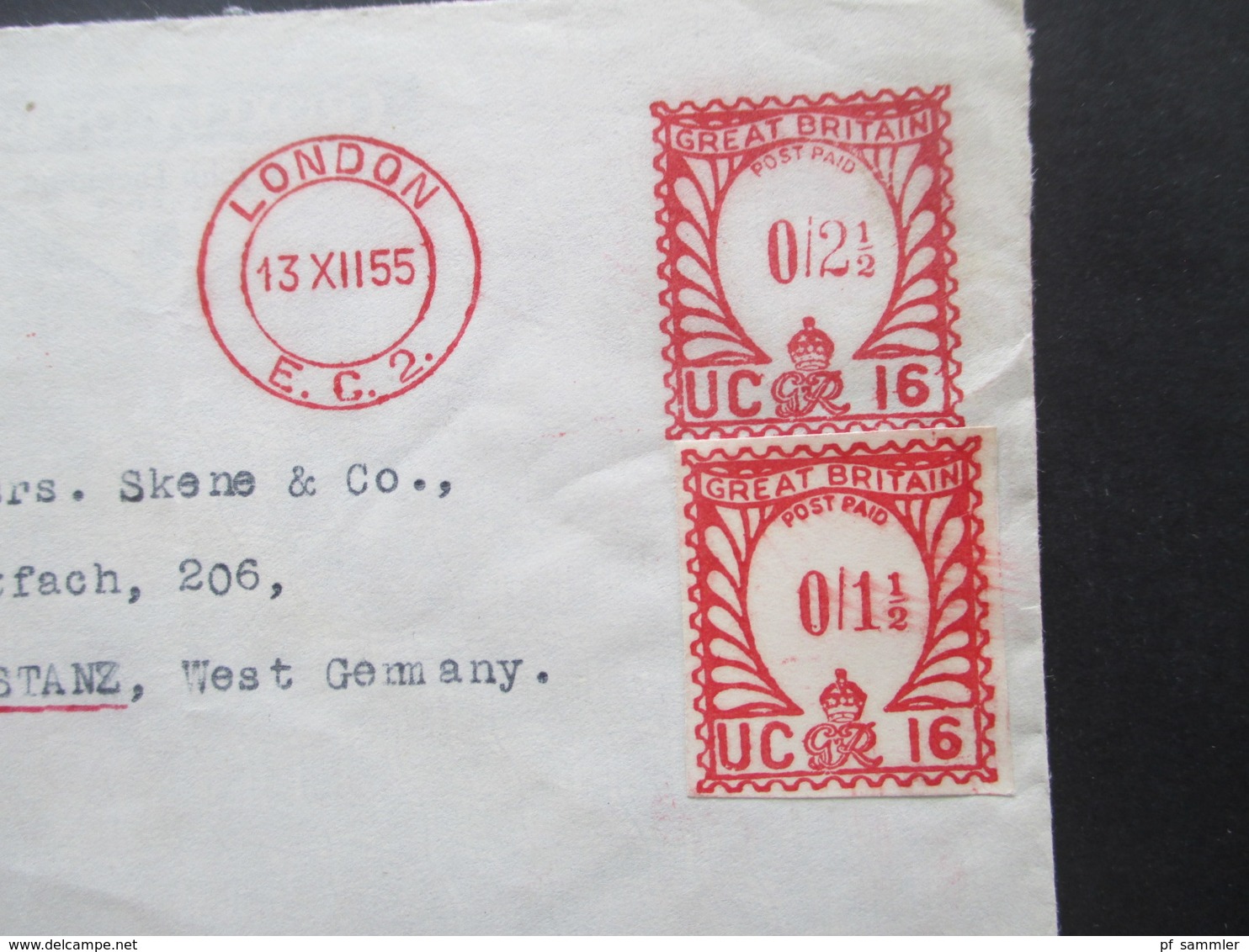 GB England 1955 Roter Freistempel / London Post Paid UC 16 Und Ausschnitt Aufgeklebt!! Nach Konstanz - Cartas & Documentos