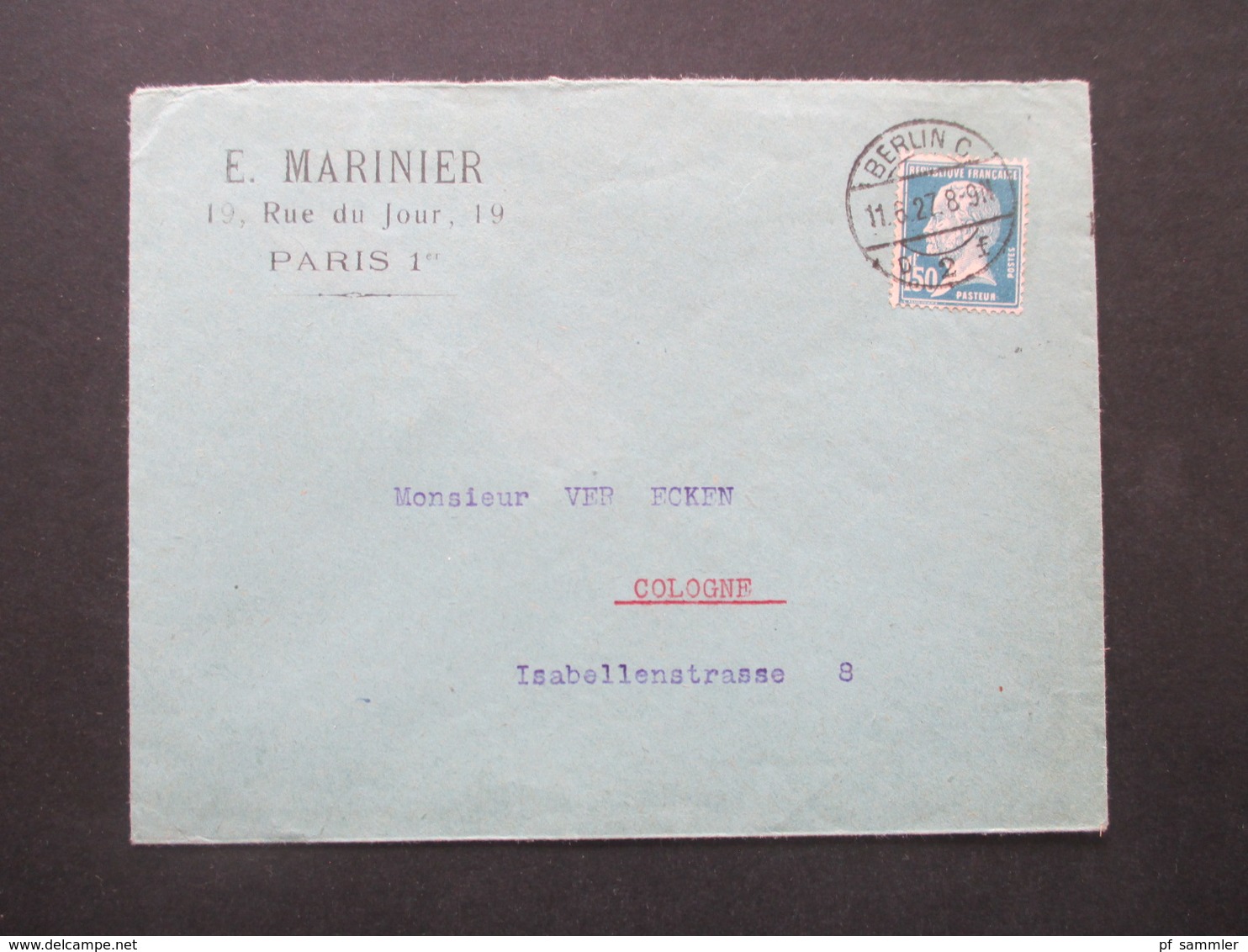 DR / Frankreich Umschlag E. Marinier Paris 1 Mit Französischer Marke ABER Stempel Berlin C Nach Köln Gesendet - Cartas & Documentos