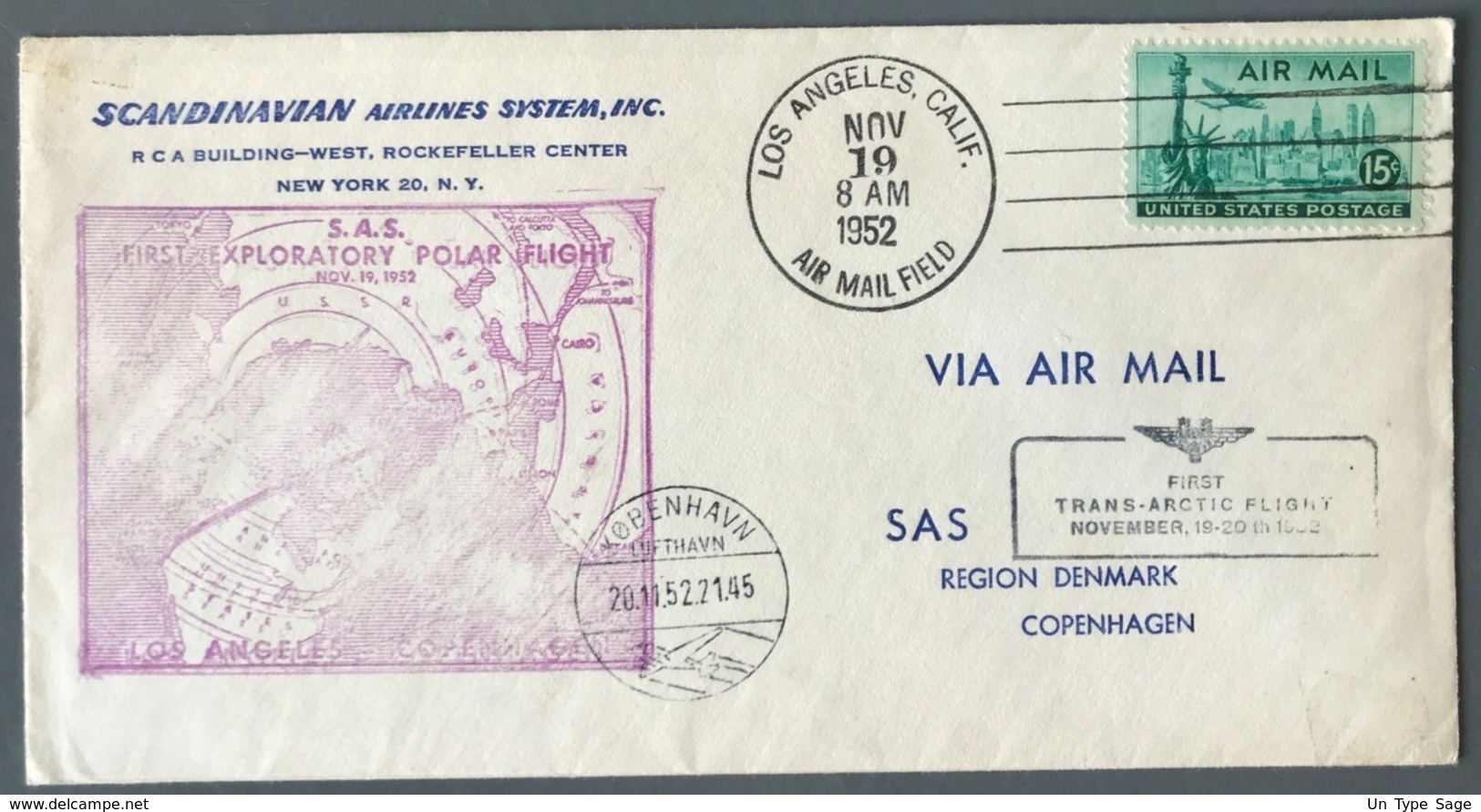 USA - FIRST EXPLORATORY POLAR FLIGHT - LOS ANGELES KOBENHAVN 1952 - (W1283) - Storia Postale