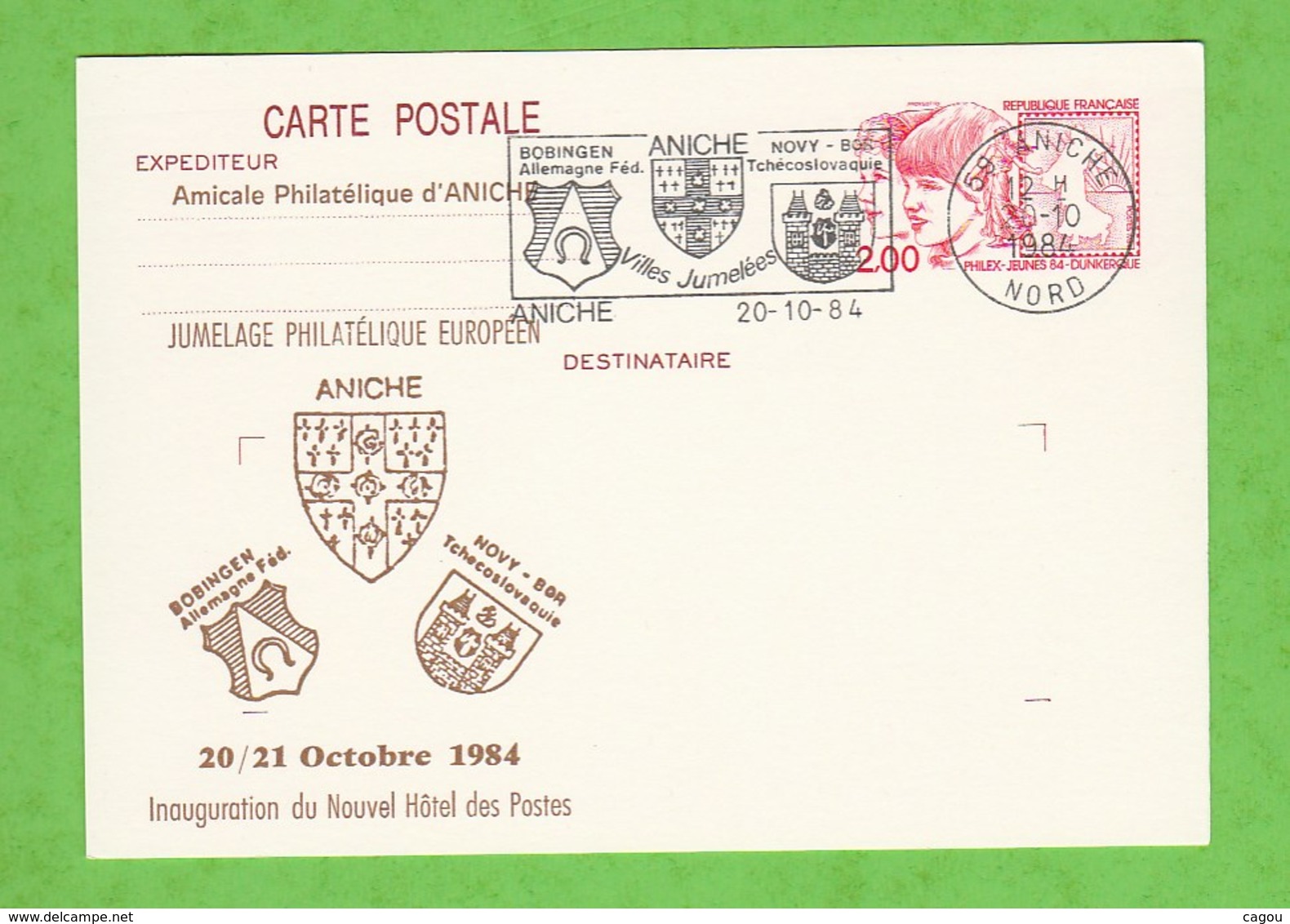 FLAMME ANICHE 59 NORD VILLES JUMELEES SUR CARTE POSTALE REPIQUEE DU 20/10/1984 - Mechanical Postmarks (Advertisement)