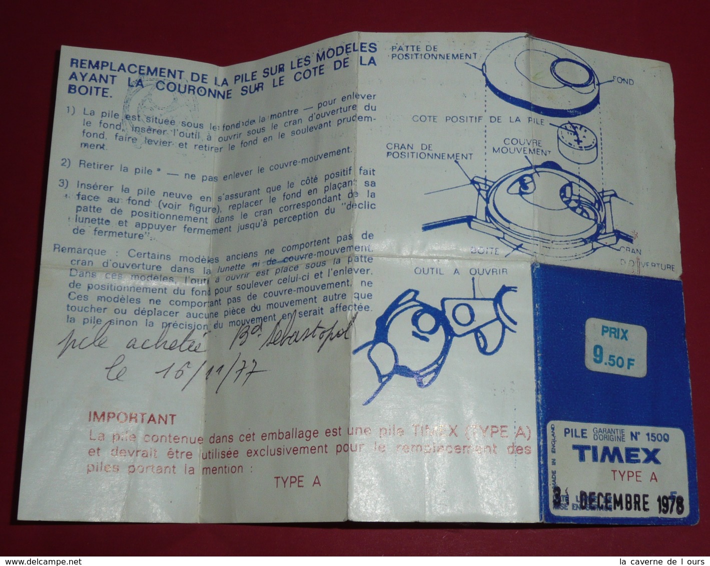 Rare Ancien Document Pour Changer La Pile De Montre TIMEX 1977 - Autres & Non Classés