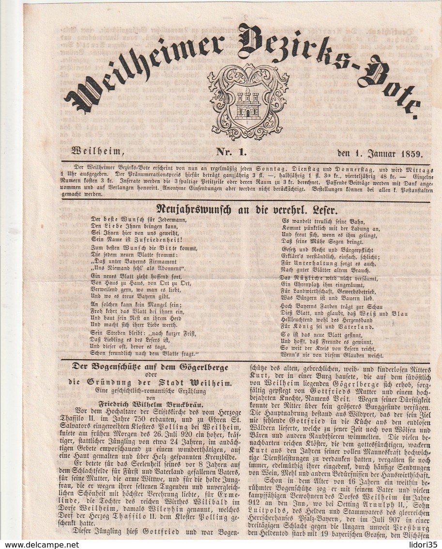 Weilheimer Bezirks-Bote / 1859 / Nr. 1 Vom 1. Januar, 4 Seiten (BB88-20) - Sonstige & Ohne Zuordnung