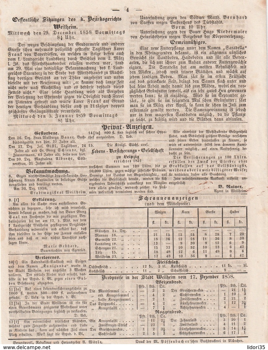 Weilheimer Bezirks-Bote / 1859 / Nr. 1 Vom 1. Januar, 4 Seiten (BB88-20) - Sonstige & Ohne Zuordnung