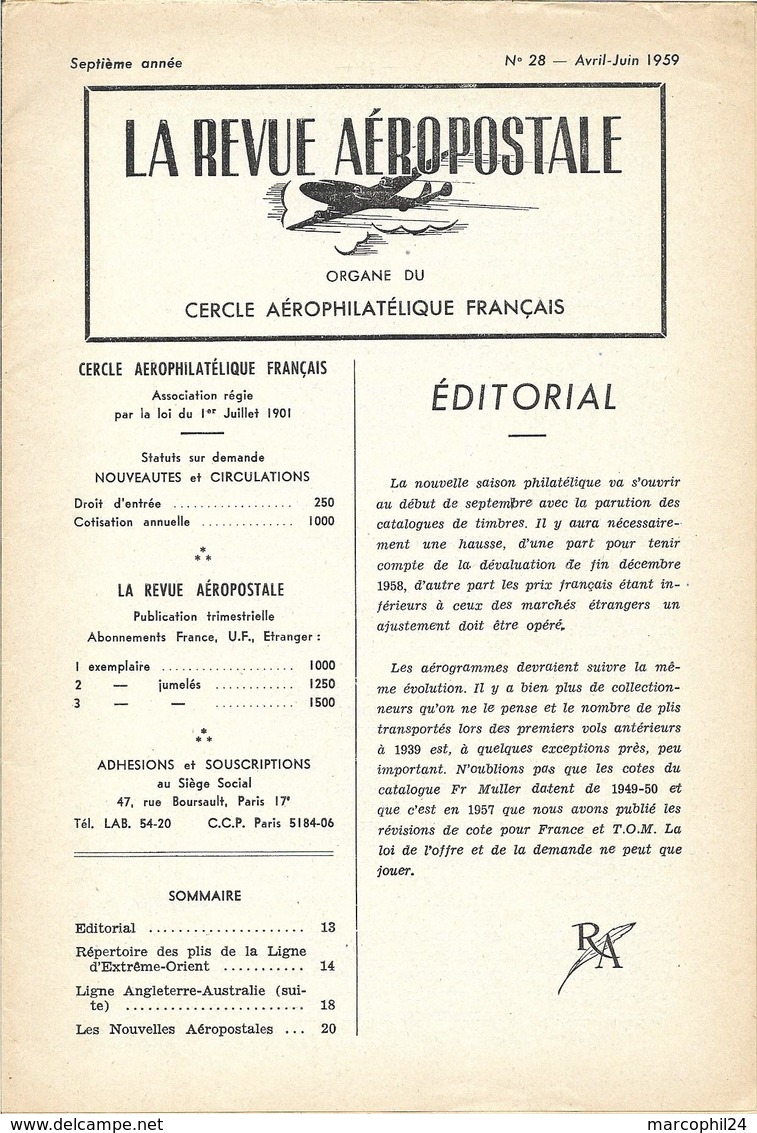 LA REVUE AEROPOSTALE - N° 28 1959 = AVIATION + Ligne ANGLETERRE-AUSTRALIE + Plis De La Ligne D'EXTREME ORIENT - Französisch