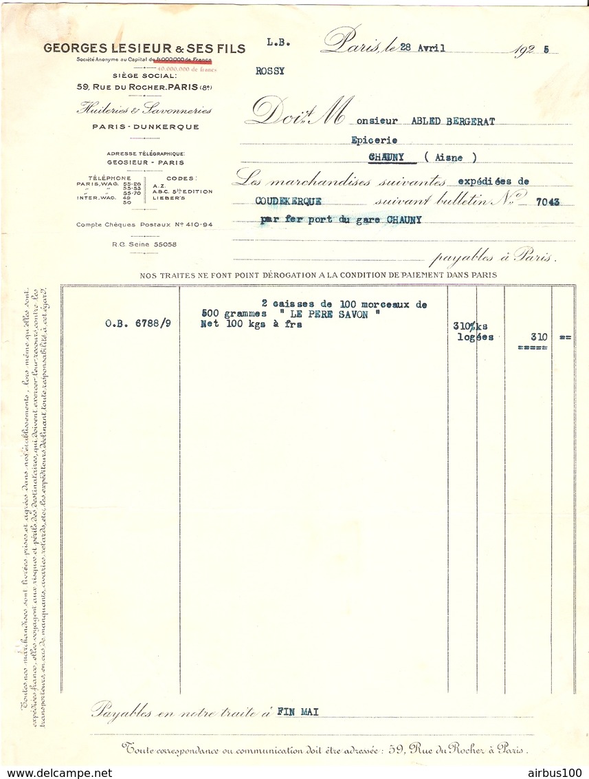 FACTURE 1935 GEORGES LESIEUR & Ses FILS PARIS DUNKERQUE - HUITERIE & SAVONNERIE - LE PERE SAVON - Droguerie & Parfumerie