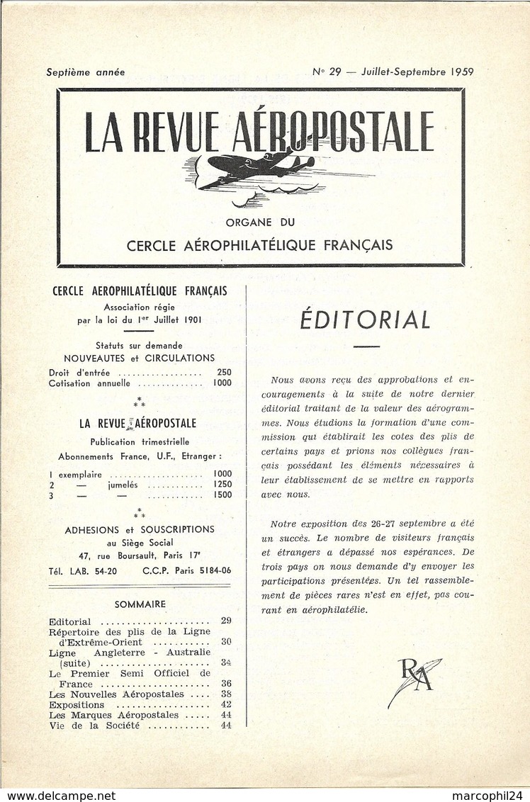 LA REVUE AEROPOSTALE - N° 29 1959 = AVIATION + Ligne ANGLETERRE-AUSTRALIE + Ligne D'EXTREME ORIENT + NANTES 1910 - French