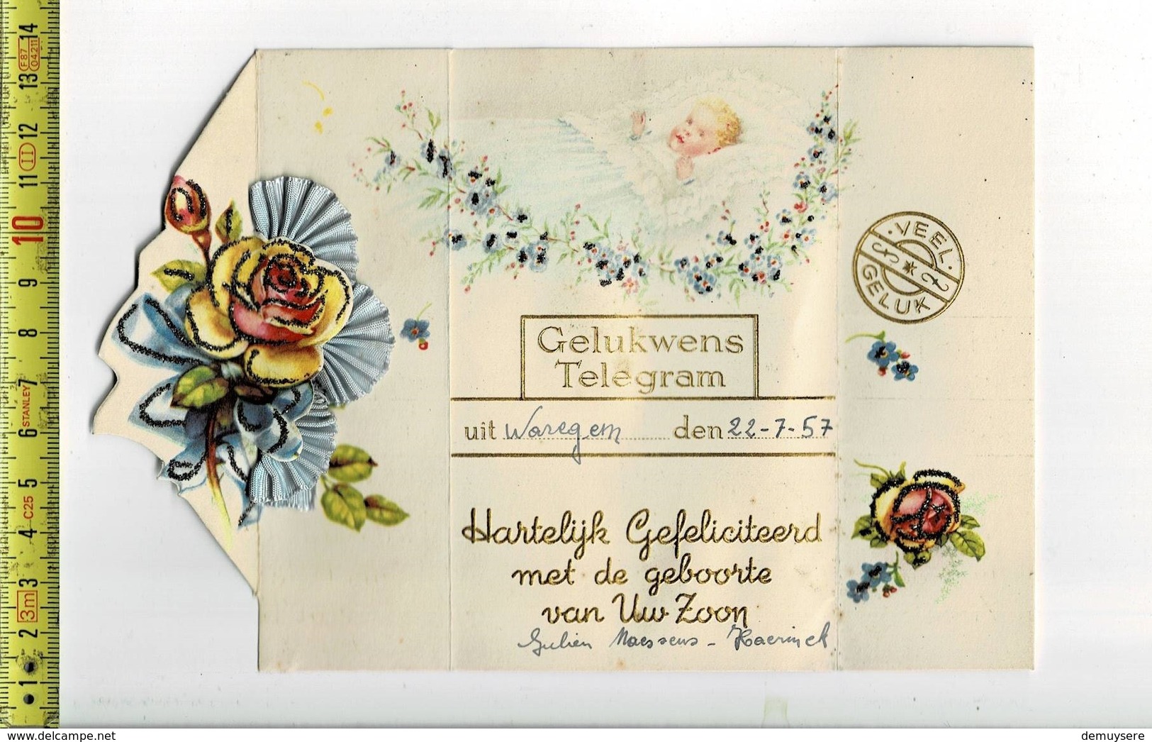 55143 - Gelukwens Telegram - Hartelijk Fefeliciteerd Met De Geboorte Van Uw Zoon 1957 - Met Kantwerk - Telegrams