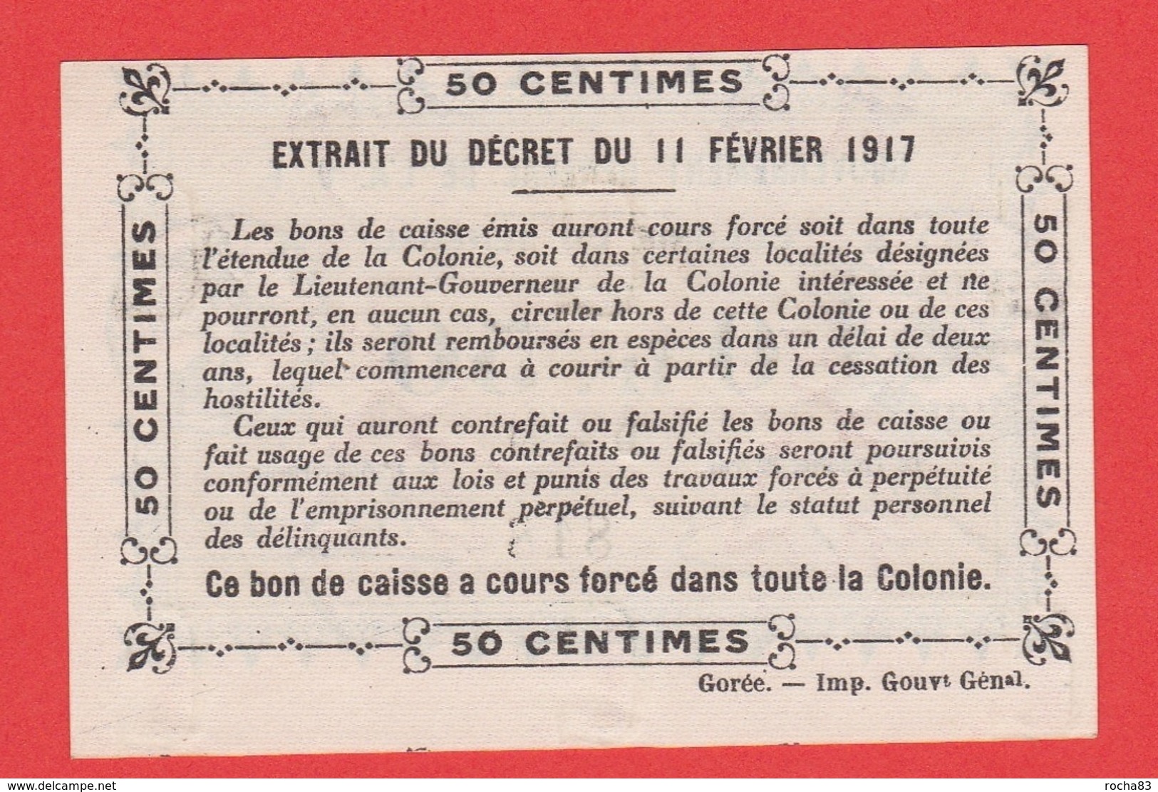 A O F SENEGAL Billet 50 Centimes Decret 11 02 1917 Pick 2 - Senegal