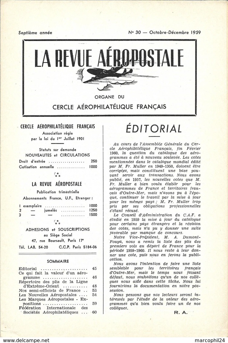 LA REVUE AEROPOSTALE - N° 30 1959 = AVIATION + AEROGRAMME + Ligne D'EXTREME ORIENT + NANCY 1912 - French