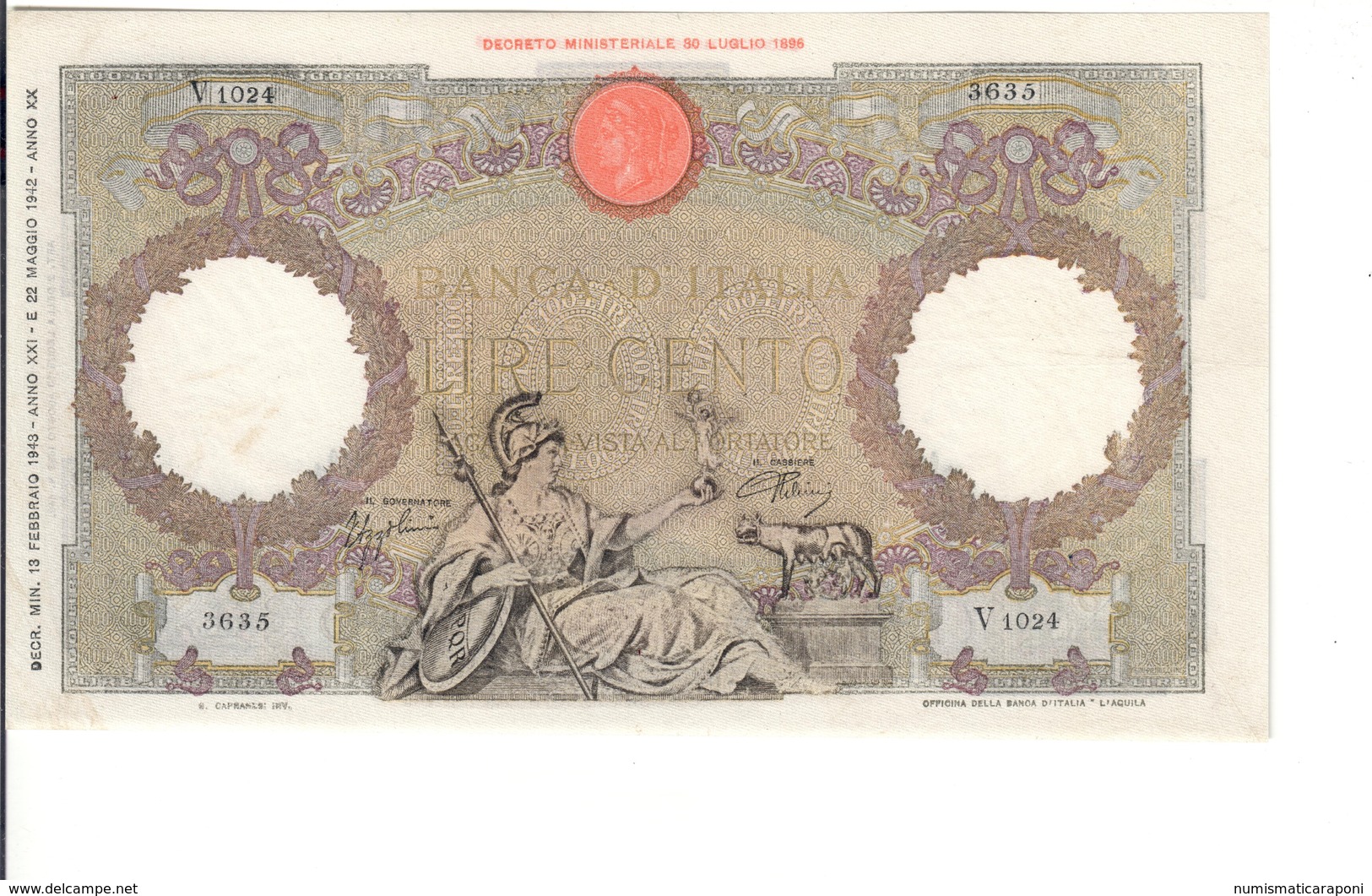 100 Lire Roma Guerriera 13 02 1943 L'aquila Fascio Pressato Nc Spl+  LOTTO 3215 - 100 Lire