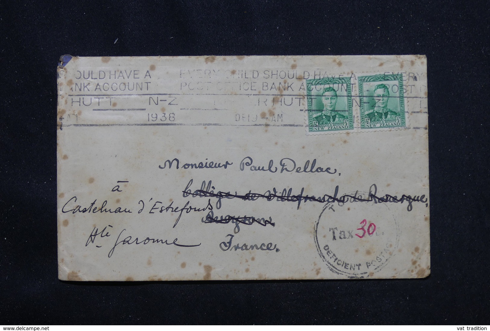 NOUVELLE ZÉLANDE - Enveloppe De Rhutt En 1938 Pour La France Avec Cachet De Taxe - L 59964 - Storia Postale