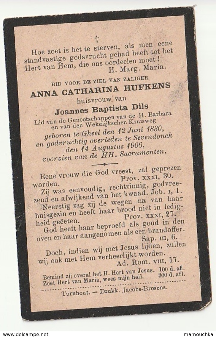 Doodsprentje Anna Catharina HUFKENS Huisvrouw Van Joannes Baptista Dils Gheel 1830 Sevendonck (Zevendonk) 1906 - Devotion Images