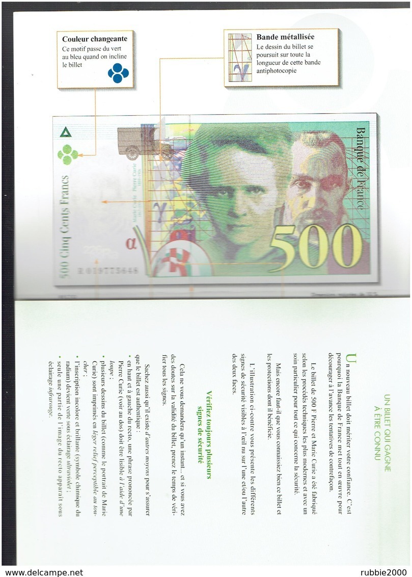 PRESENTATION DU BILLET DE 500 FRANCS PIERRE ET MARIE CURIE PAR LA BANQUE DE FRANCE SES SIGNES DE SECURITE - 500 F 1994-2000 ''Pierre Et Marie Curie''